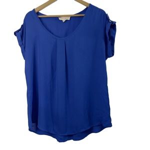 Royal Blue Short Cuffed Sleeve with Button Detail Top Curved Hem XL